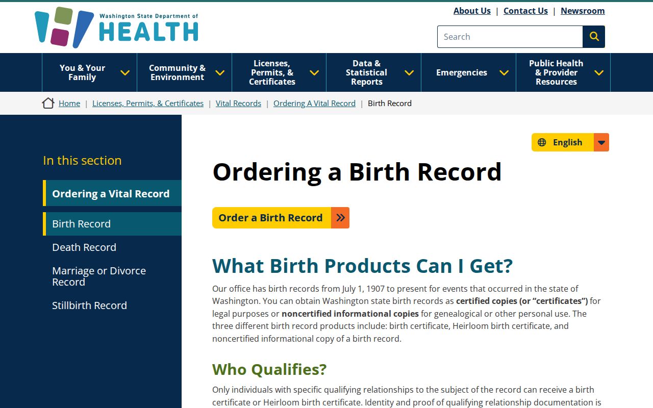 Washington birth application for Mill Creek public records research